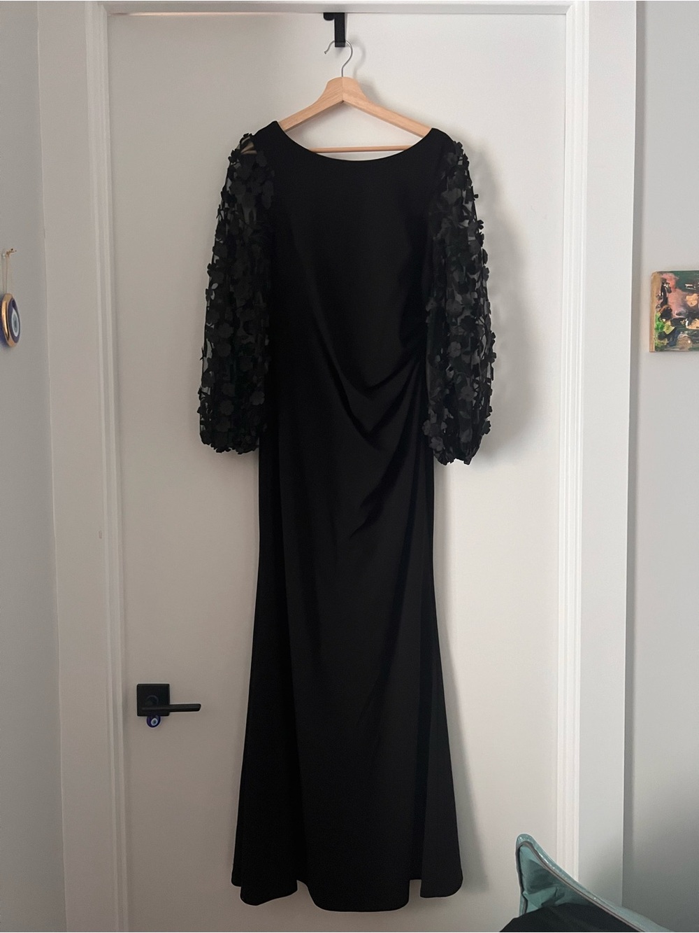 Eliza J Black Long Sleeve Applique Gown